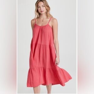 XIRENA Ruby Dress 100% Cotton Gauze Tiered Casual Maxi Dress Pockets Coral L